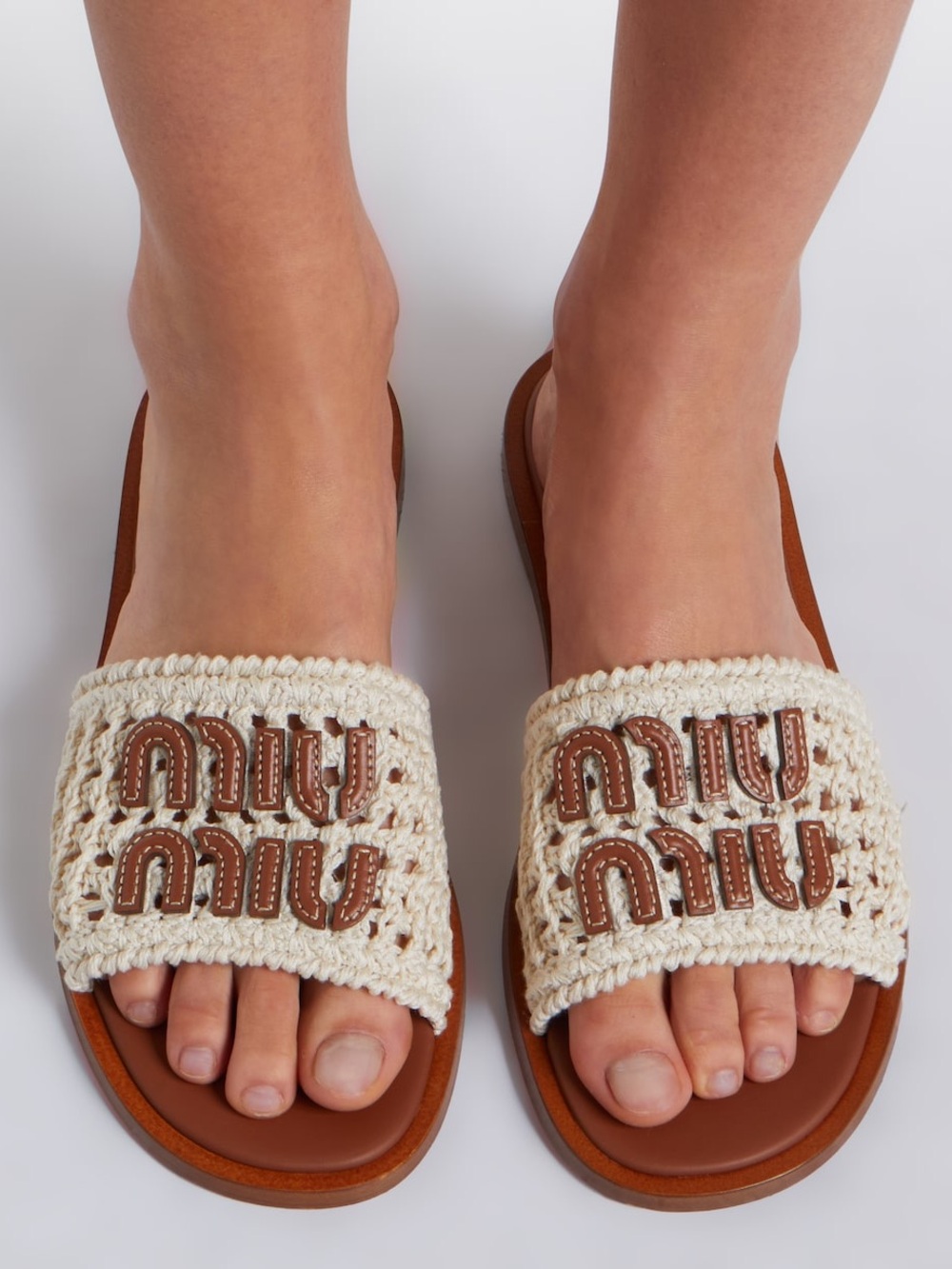 Miu Miu Crochet Slide Sandals in Off White and Brown NWOB